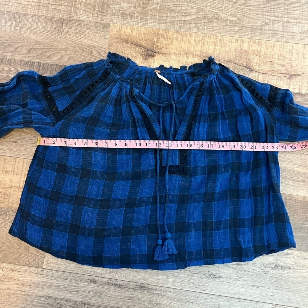 Free People Blue and Black Ruffled Tie Front Blouse with crochet detail M - Picture 6 of 9